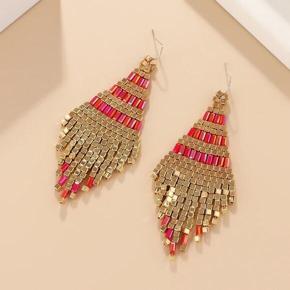 Hand Made Beaded Pink and Gold Tassel Drop Earrings - Picture 3 of 3